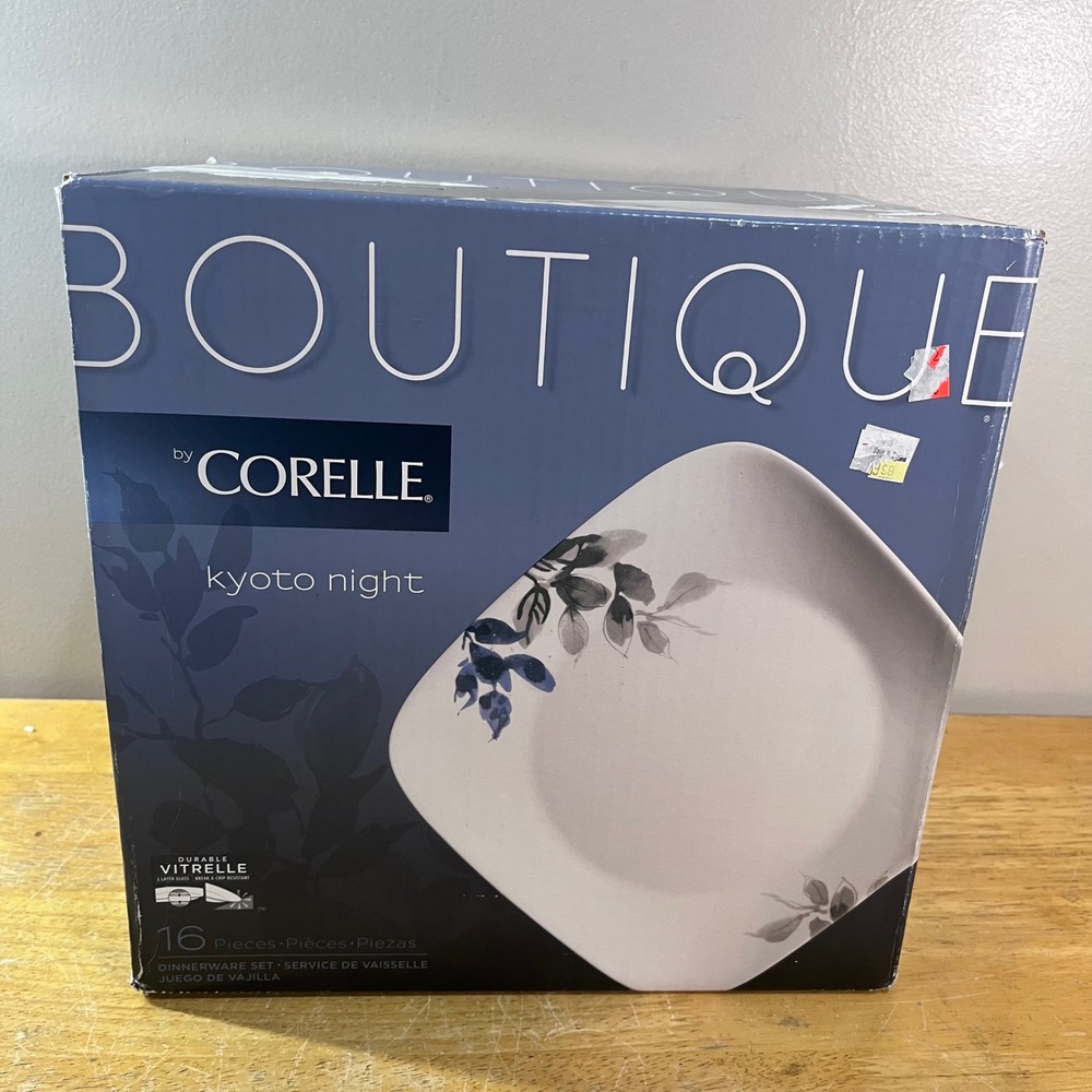 Corelle Kyoto Night Dinnerware Set 16pc White Blue Vtg Style Square Vitrelle